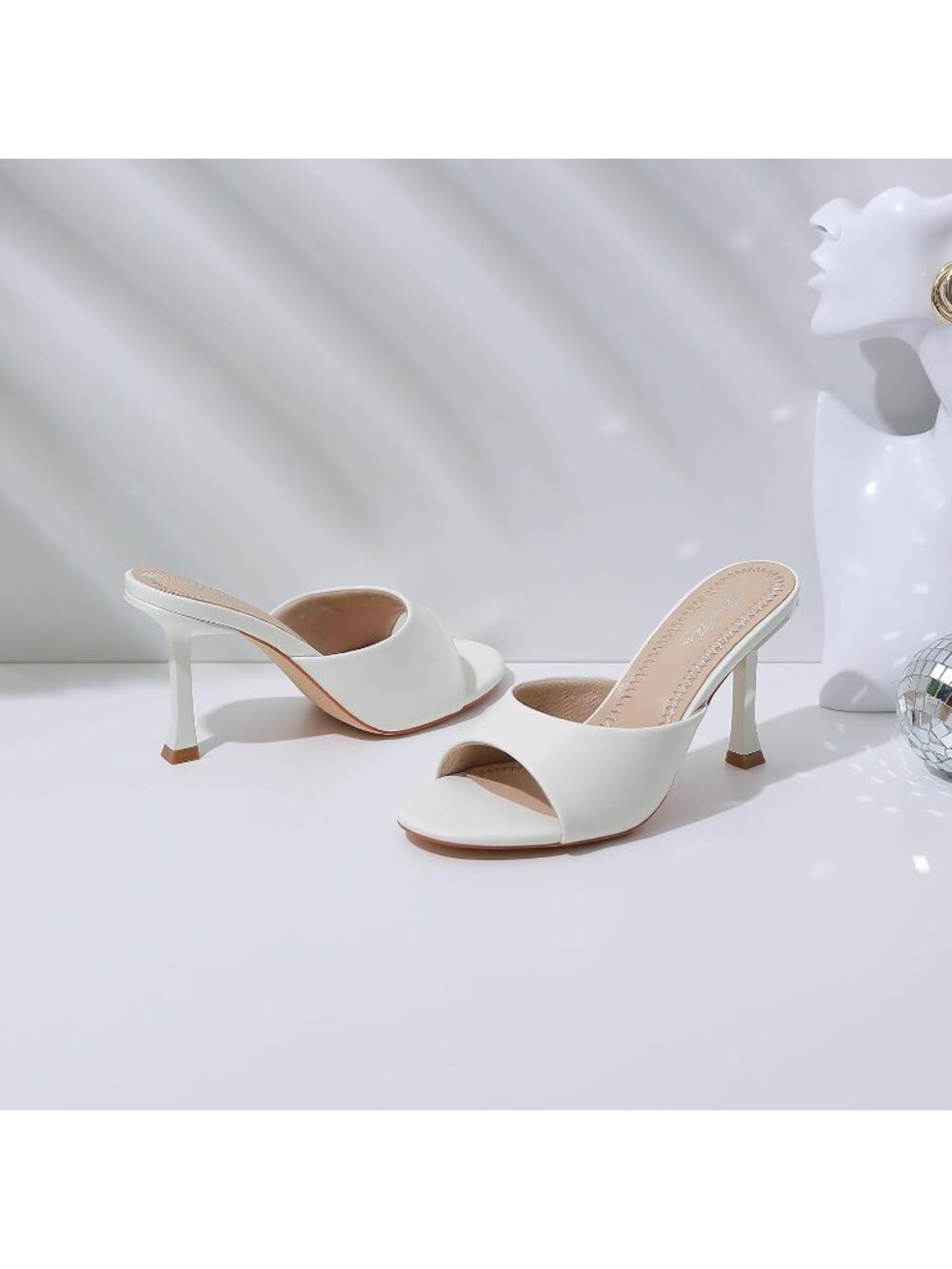 Womens White Round Toe Kitten Heels Stiletto Strapless Backless Party Sandals - Picture 3 of 5